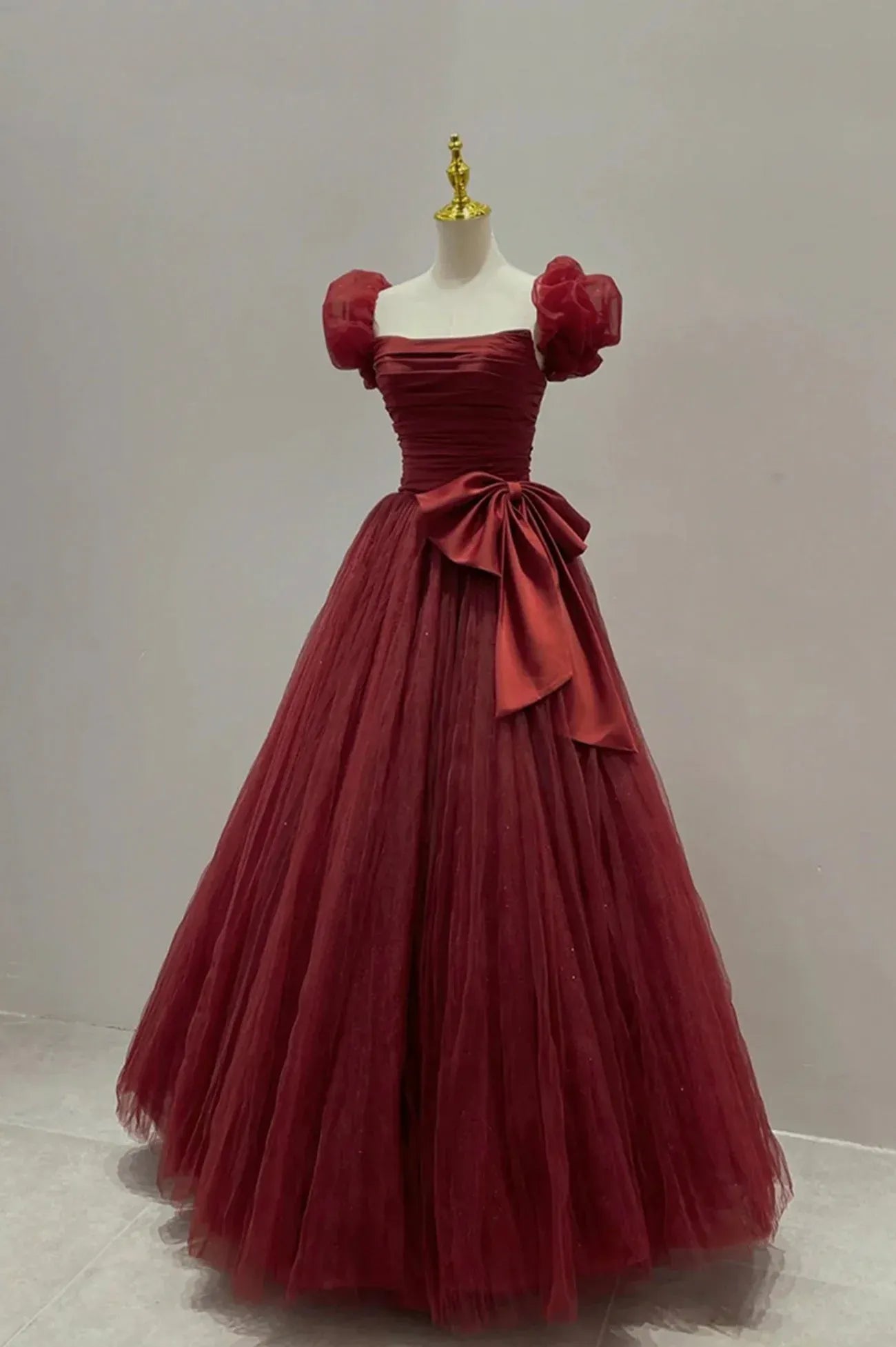 Lovely A-Line Square Neck Puff Sleeve Lace Up Floor-Length Prom Dress