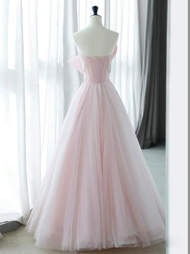 Lovely A-Line Strapless Bow Beaded Organza Pink Floor Length Prom Dress
