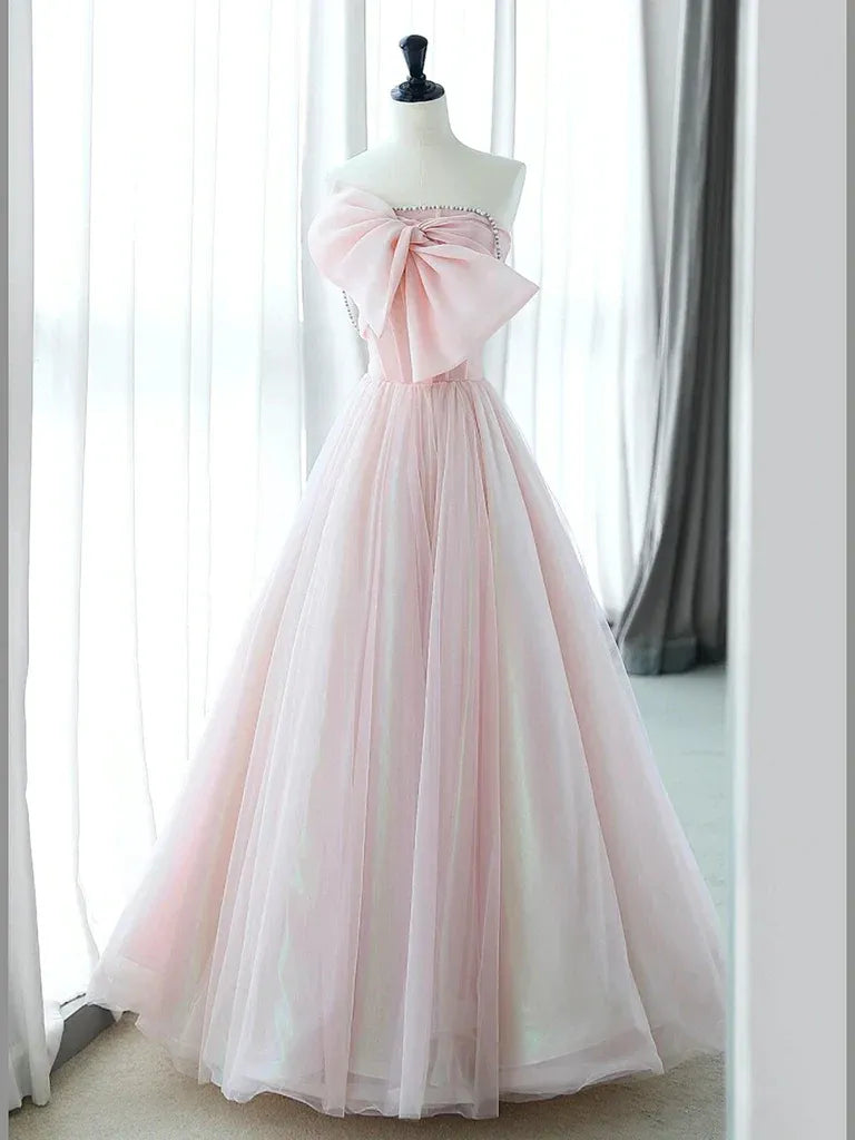 Lovely A-Line Strapless Bow Beaded Organza Pink Floor Length Prom Dress