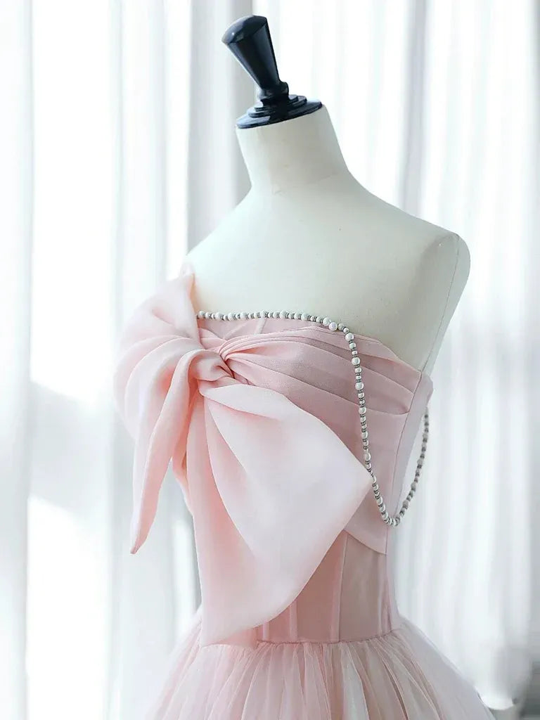 Lovely A-Line Strapless Bow Beaded Organza Pink Floor Length Prom Dress