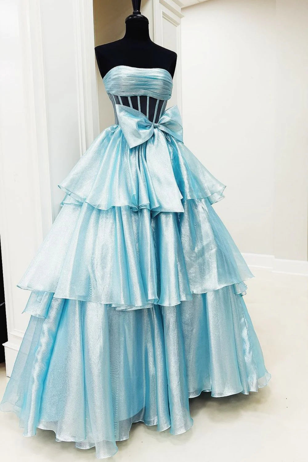 Lovely A-Line Strapless Bowknot Organza Fuchsia Prom Dress With Slit