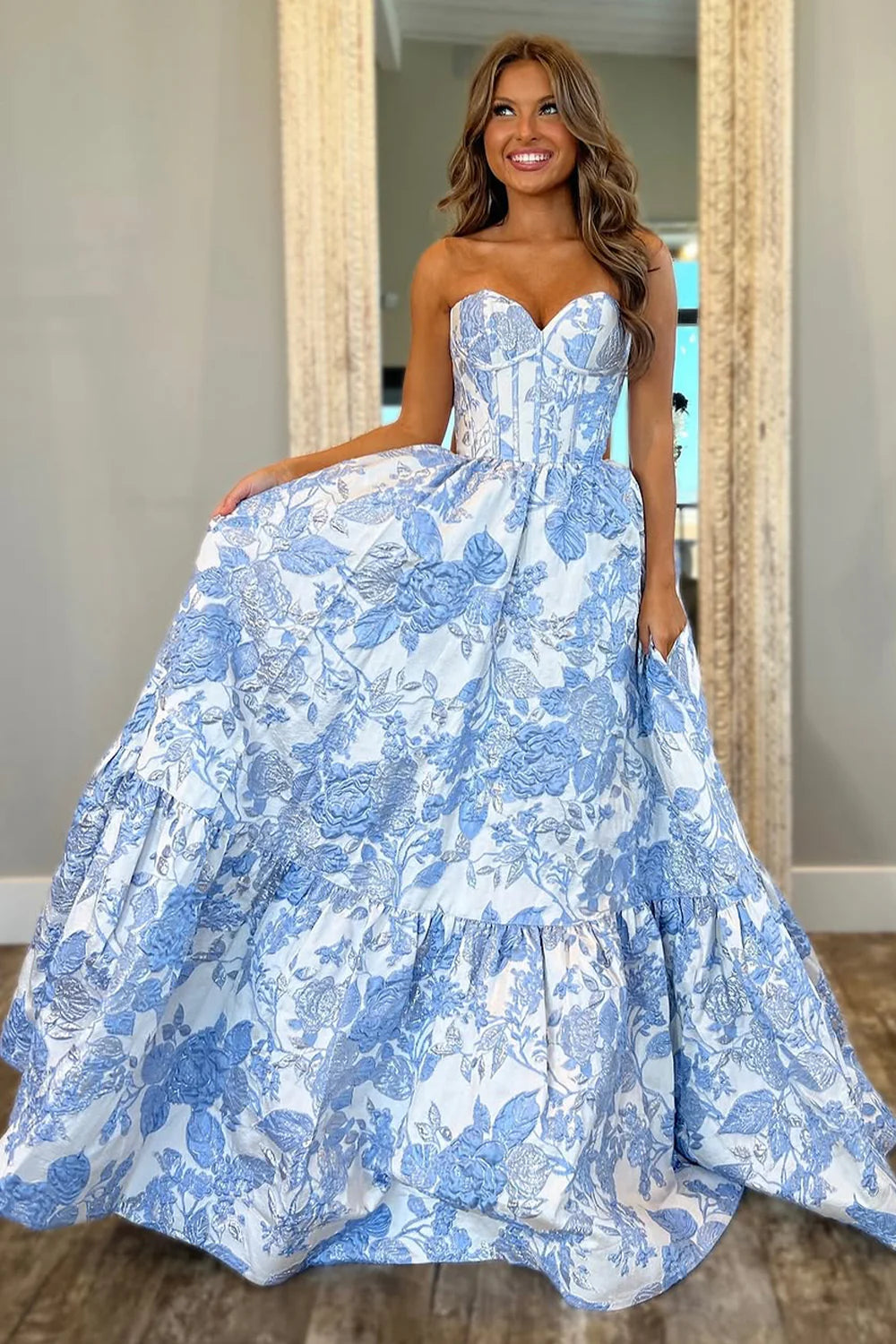 Lovely A-Line Sweetheart Bodycon Floral Print Light Blue Long Prom Dress