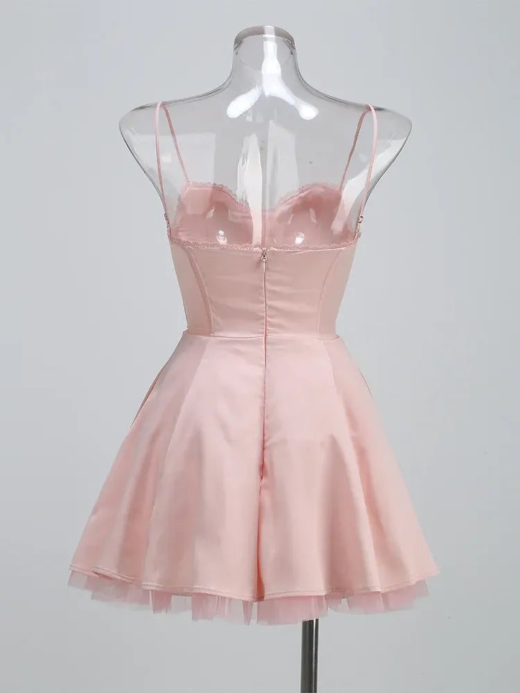 Lovely A-Line Sweetheart Neck Lace Trim Satin Pink Homecoming Dress With Pockets