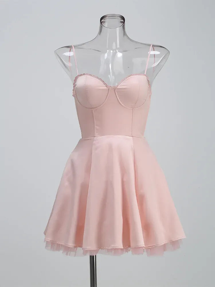 Lovely A-Line Sweetheart Neck Lace Trim Satin Pink Homecoming Dress With Pockets
