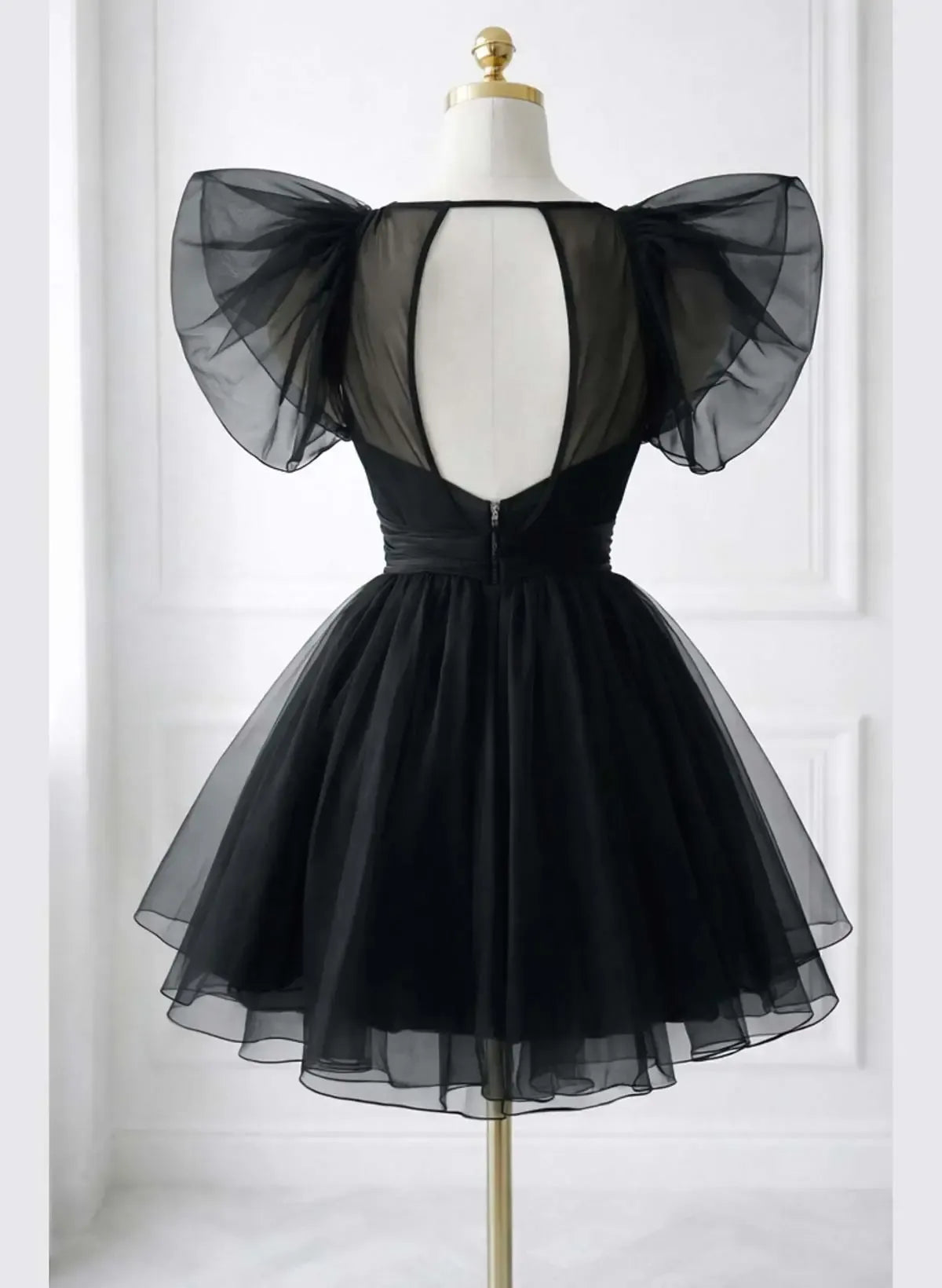 Lovely A-Line V Neck Flutter Sleeve Open-Back Tulle Black Short Homecoming Dress