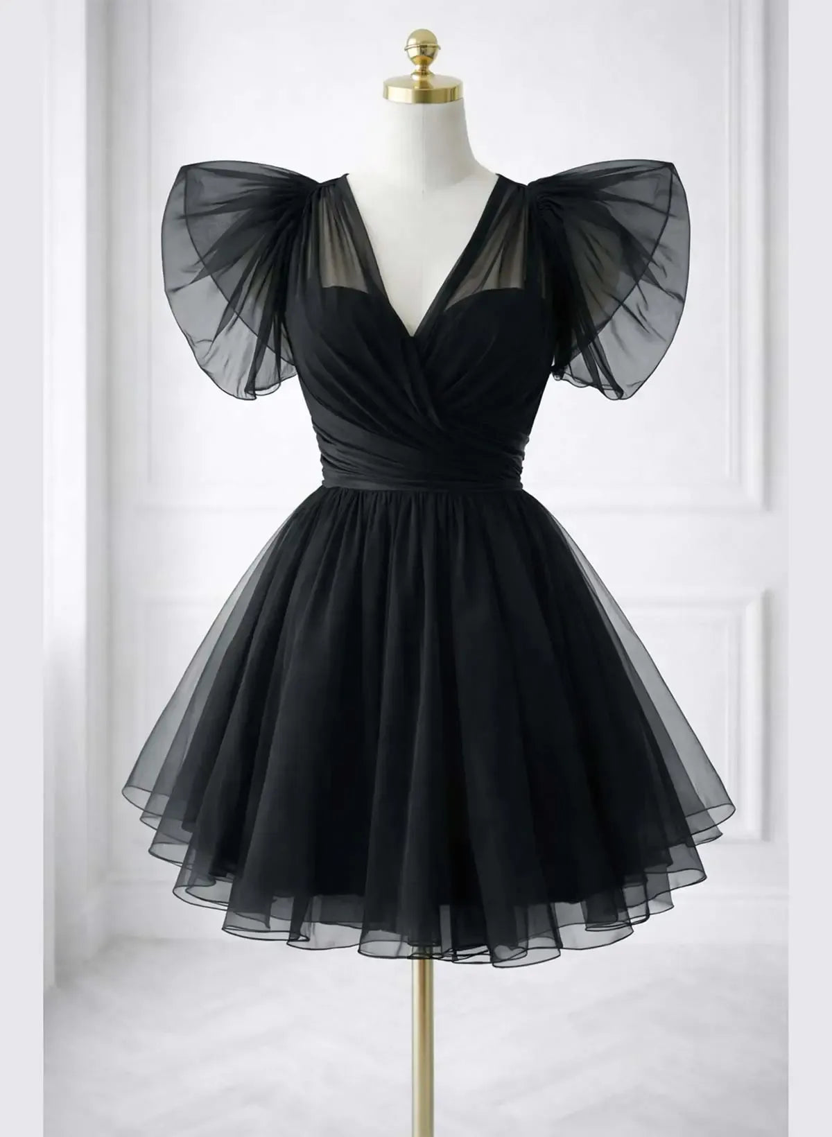 Lovely A-Line V Neck Flutter Sleeve Open-Back Tulle Black Short Homecoming Dress