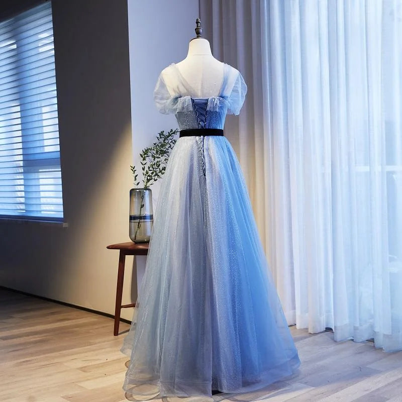 Lovely A-line Beaded Belt Tulle Blue Long Party Dress Prom Dress