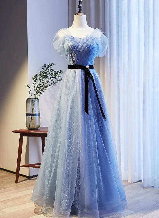 Lovely A-line Beaded Belt Tulle Blue Long Party Dress Prom Dress