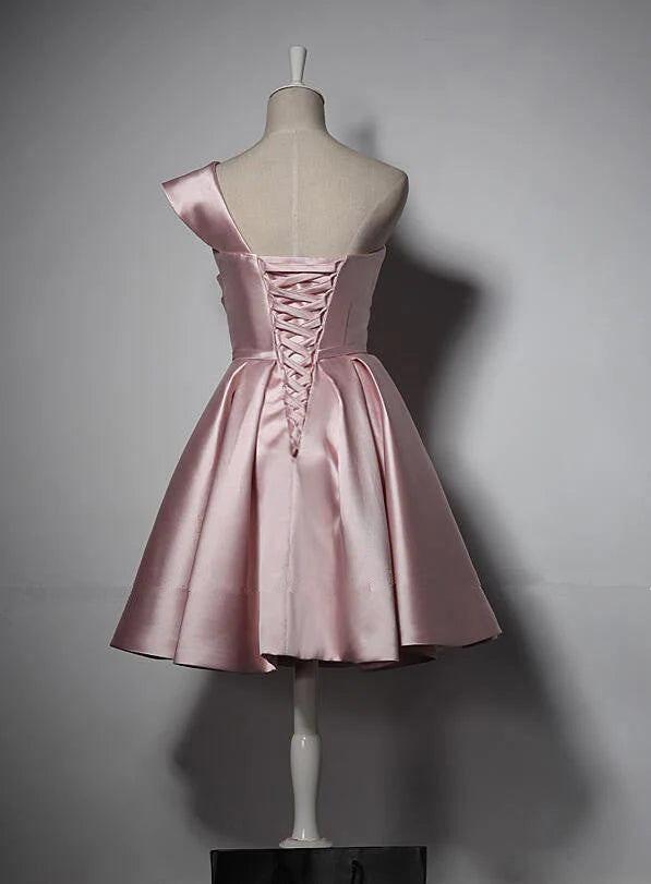 Lovely A-line One Shoulder Pleated Satin Pink Bridesmaid Dress For Ladies
