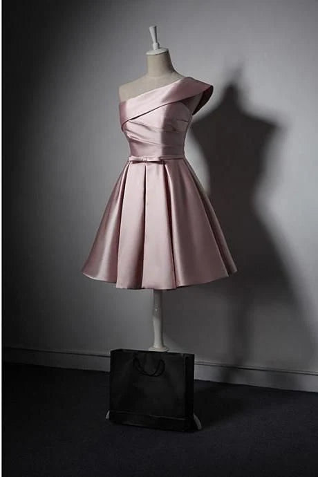 Lovely A-line One Shoulder Pleated Satin Pink Bridesmaid Dress For Ladies
