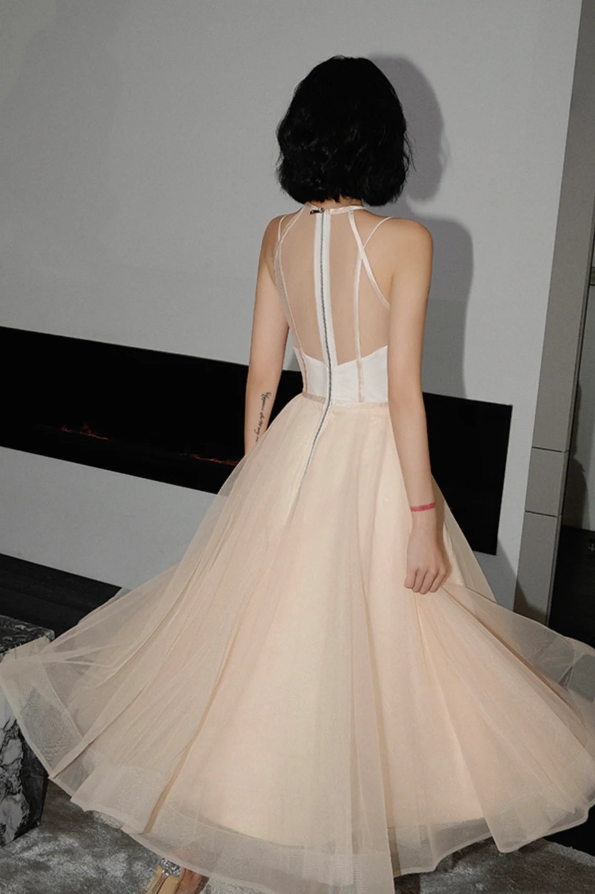 Lovely A-line Round Neck Sleeveless Sheer Tulle Champagne Prom Dress