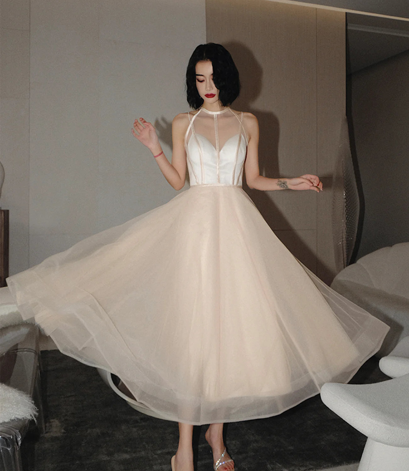 Lovely A-line Round Neck Sleeveless Sheer Tulle Champagne Prom Dress