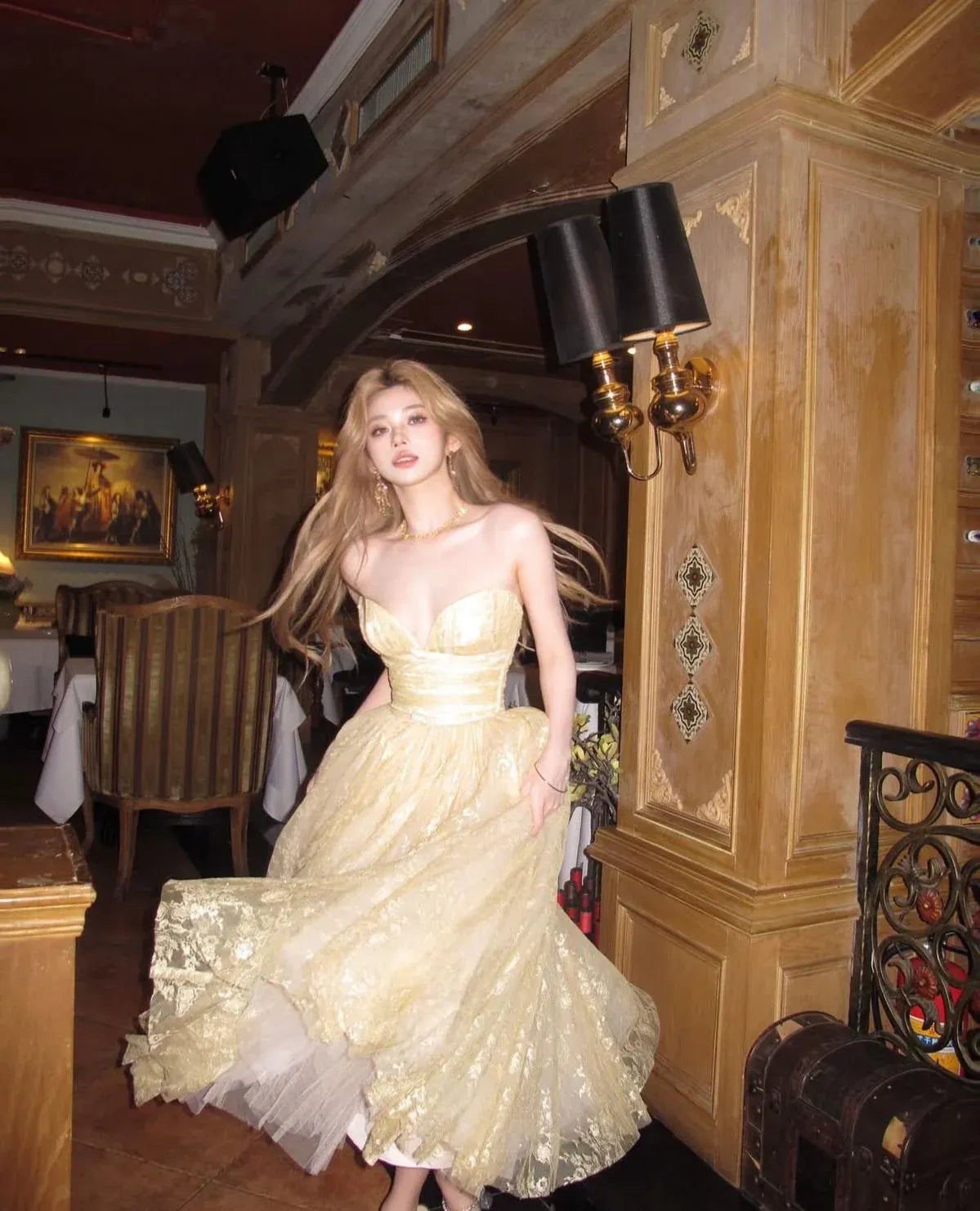 Lovely A-line Strapless Lace Tulle Light Yellow Tea Length Prom Dress