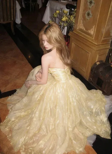 Lovely A-line Strapless Lace Tulle Light Yellow Tea Length Prom Dress