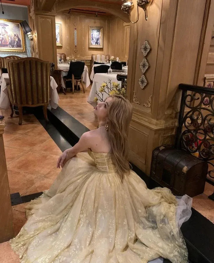 Lovely A-line Strapless Lace Tulle Light Yellow Tea Length Prom Dress