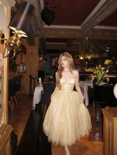 Lovely A-line Strapless Lace Tulle Light Yellow Tea Length Prom Dress