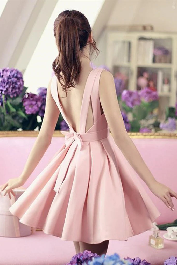 Lovely A-line V Neck Open Back Satin Pink Short Prom Dress Homecoming Dress