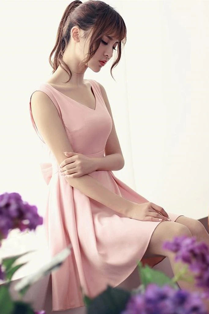 Lovely A-line V Neck Open Back Satin Pink Short Prom Dress Homecoming Dress