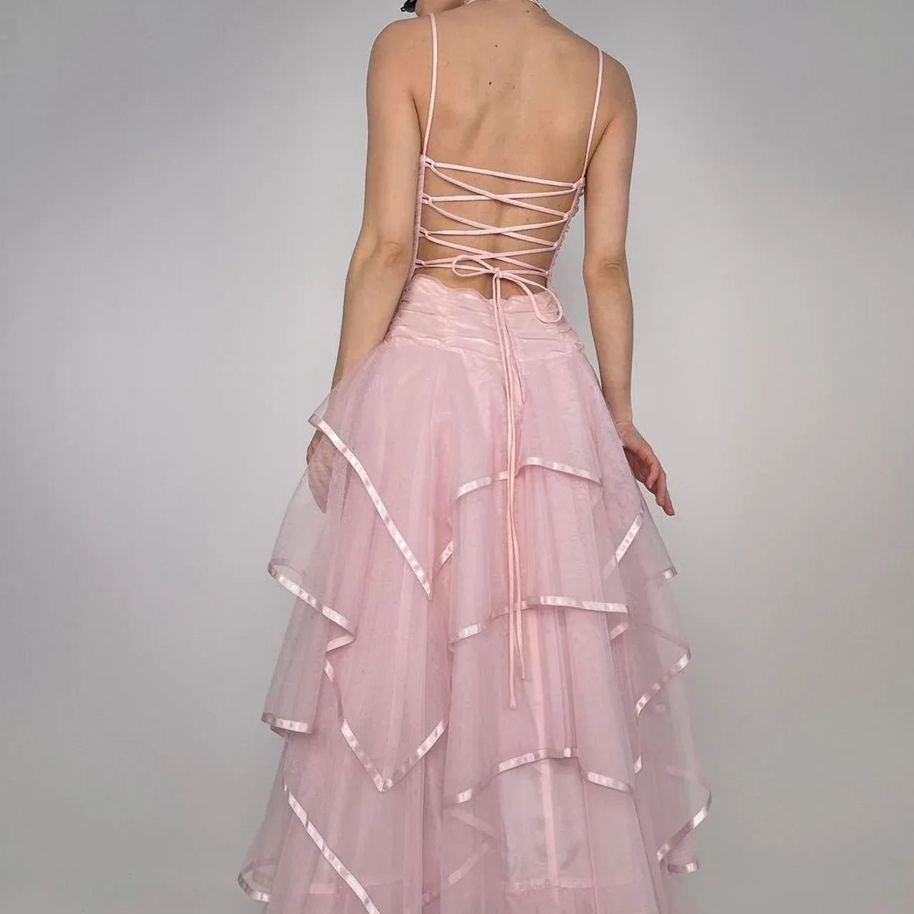 Lovely A Line Spaghetti Strap Pleaded Layers Organza Pink Floor Length Prom Dress