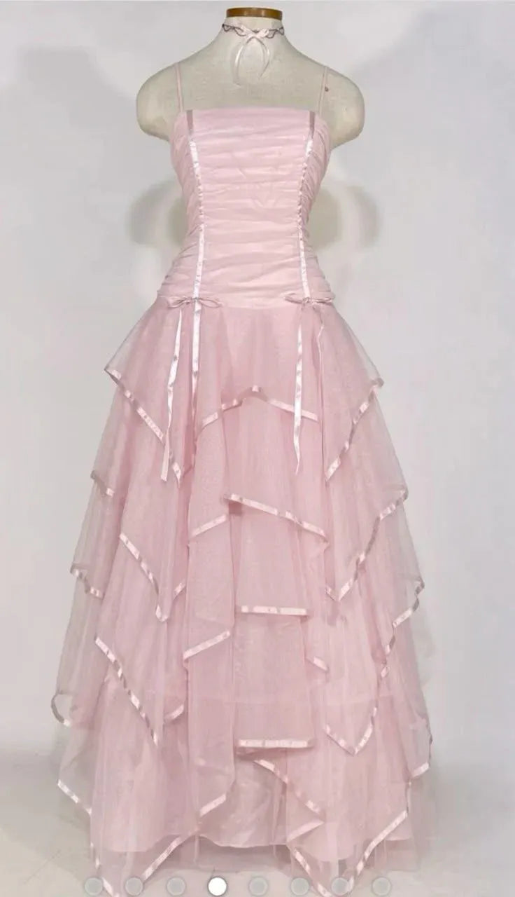 Lovely A Line Spaghetti Strap Pleaded Layers Organza Pink Floor Length Prom Dress