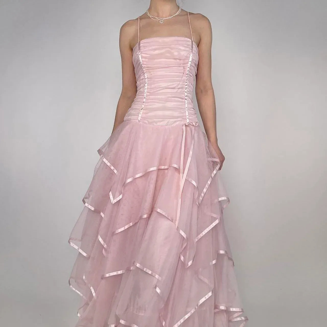 Lovely A Line Spaghetti Strap Pleaded Layers Organza Pink Floor Length Prom Dress