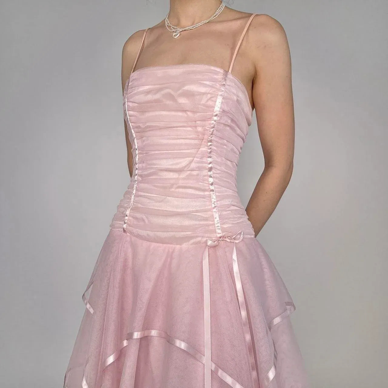 Lovely A Line Spaghetti Strap Pleaded Layers Organza Pink Floor Length Prom Dress