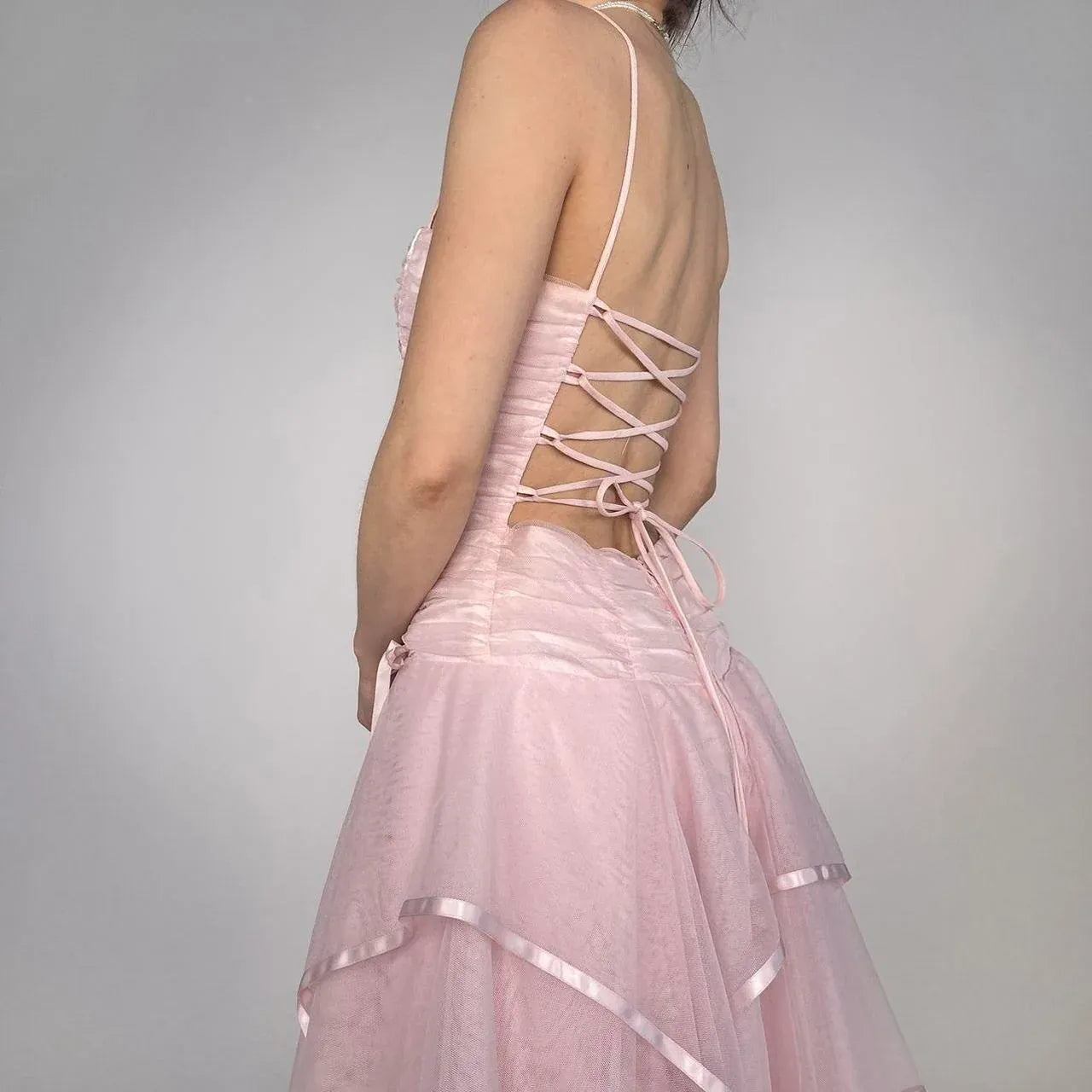Lovely A Line Spaghetti Strap Pleaded Layers Organza Pink Floor Length Prom Dress