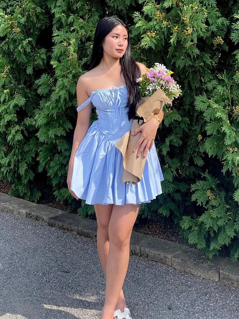 Lovely A Line Square Neck Lace Trim Corset Blue Homecoming Dress With Bow