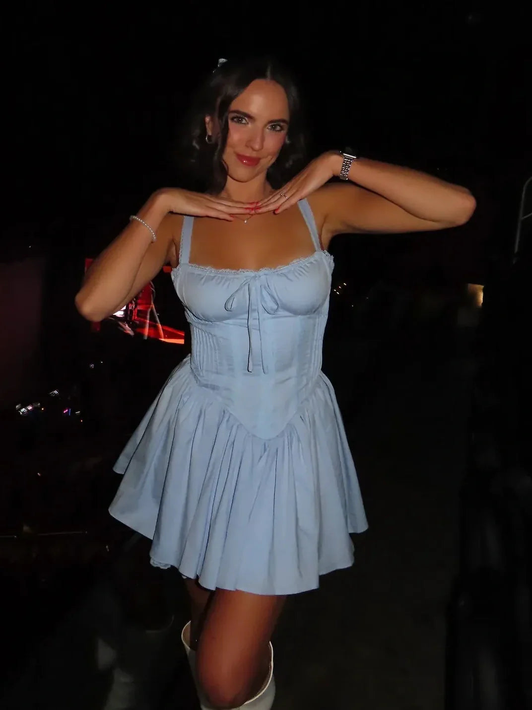 Lovely A Line Square Neck Lace Trim Corset Blue Homecoming Dress With Bow