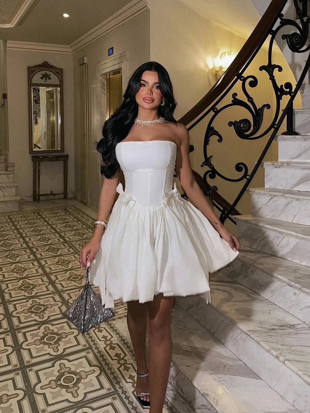 Lovely A Line Strapless Bow White Short Homecoming Dress With Bubble Hem
