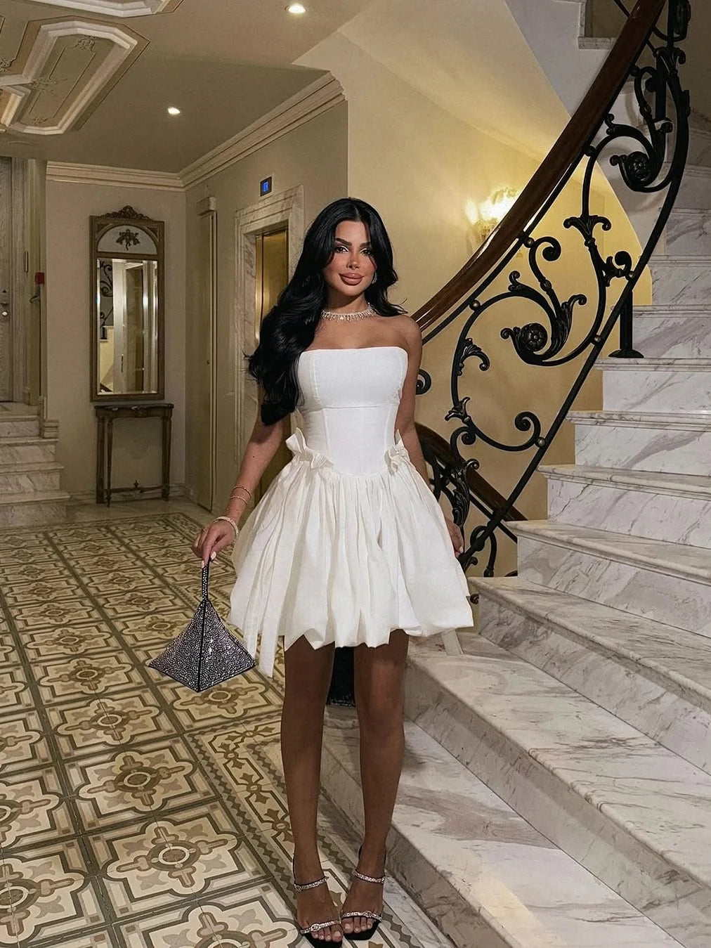 Lovely A Line Strapless Bow White Short Homecoming Dress With Bubble Hem
