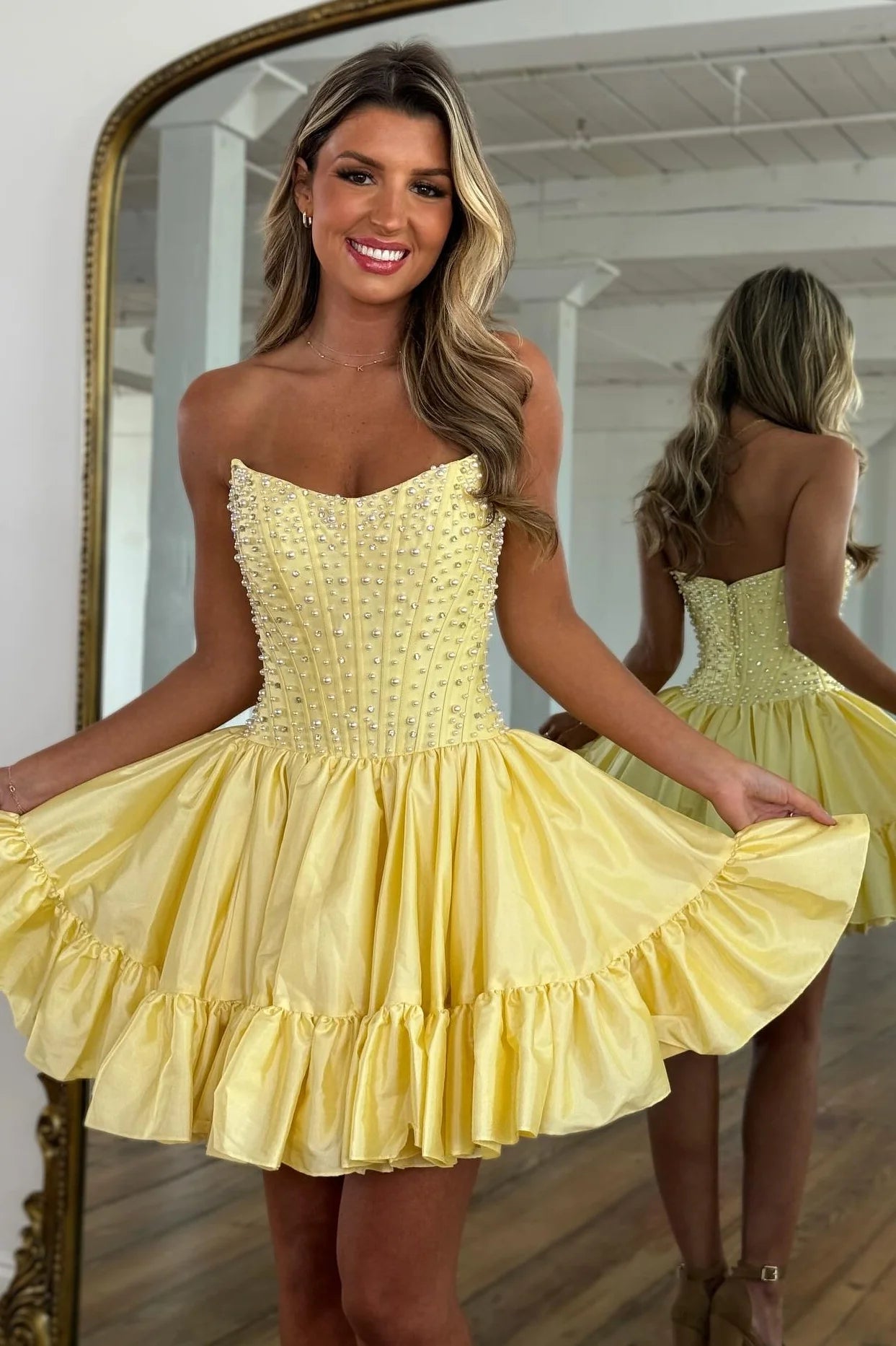 Lovely A Line Strapless Corset Pearls Ruffle Pink Homecoming Dress For Ladies