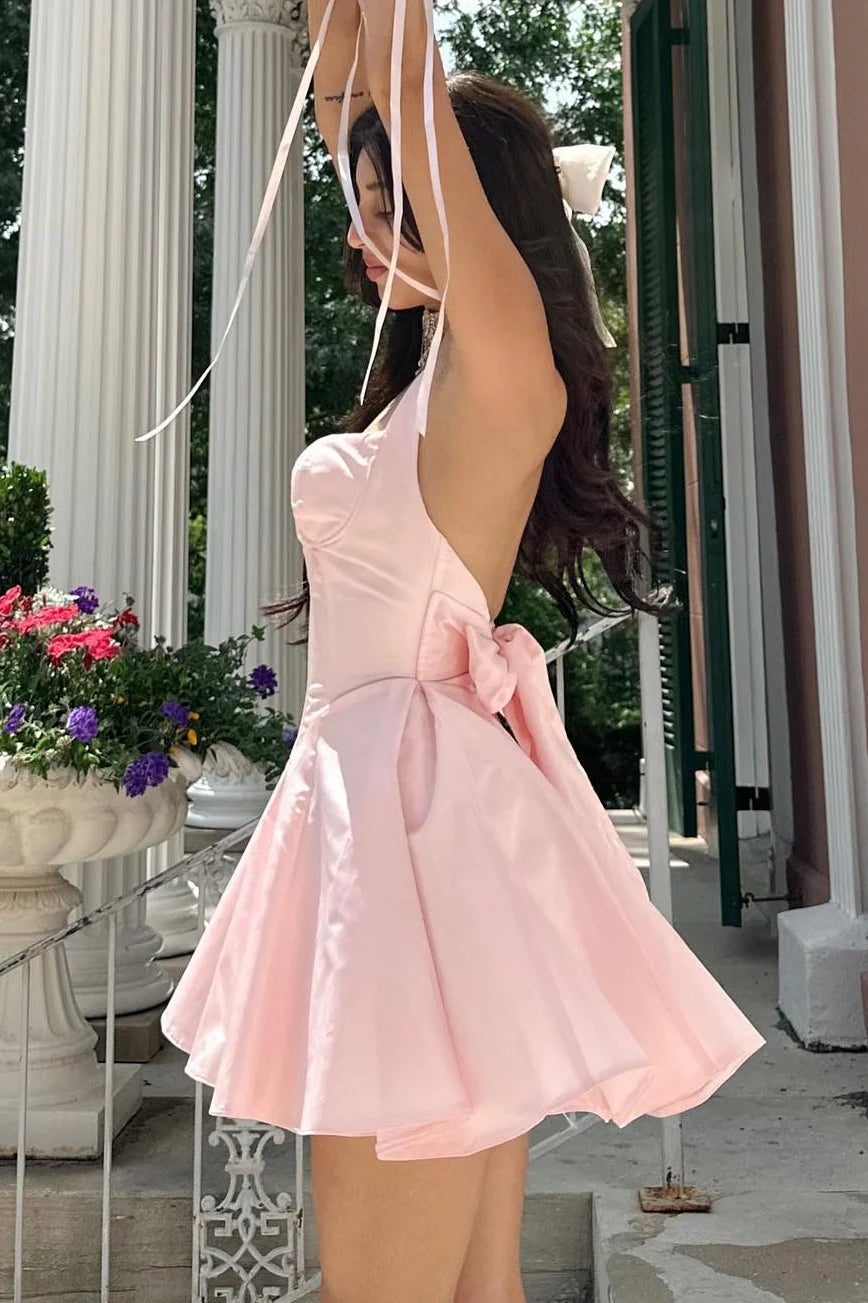Lovely A Line Sweetheart Backless Pink Short Homecoming Dress With Back Bow