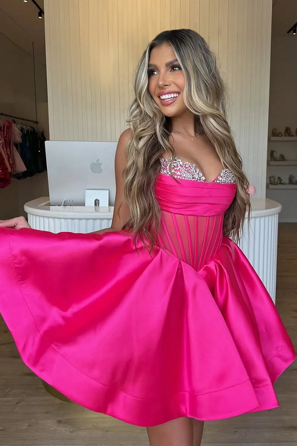 Lovely A Line Sweetheart Corset Fuchsia Homecoming Dress With Beaded