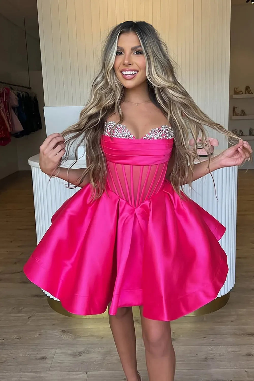 Lovely A Line Sweetheart Corset Fuchsia Homecoming Dress With Beaded