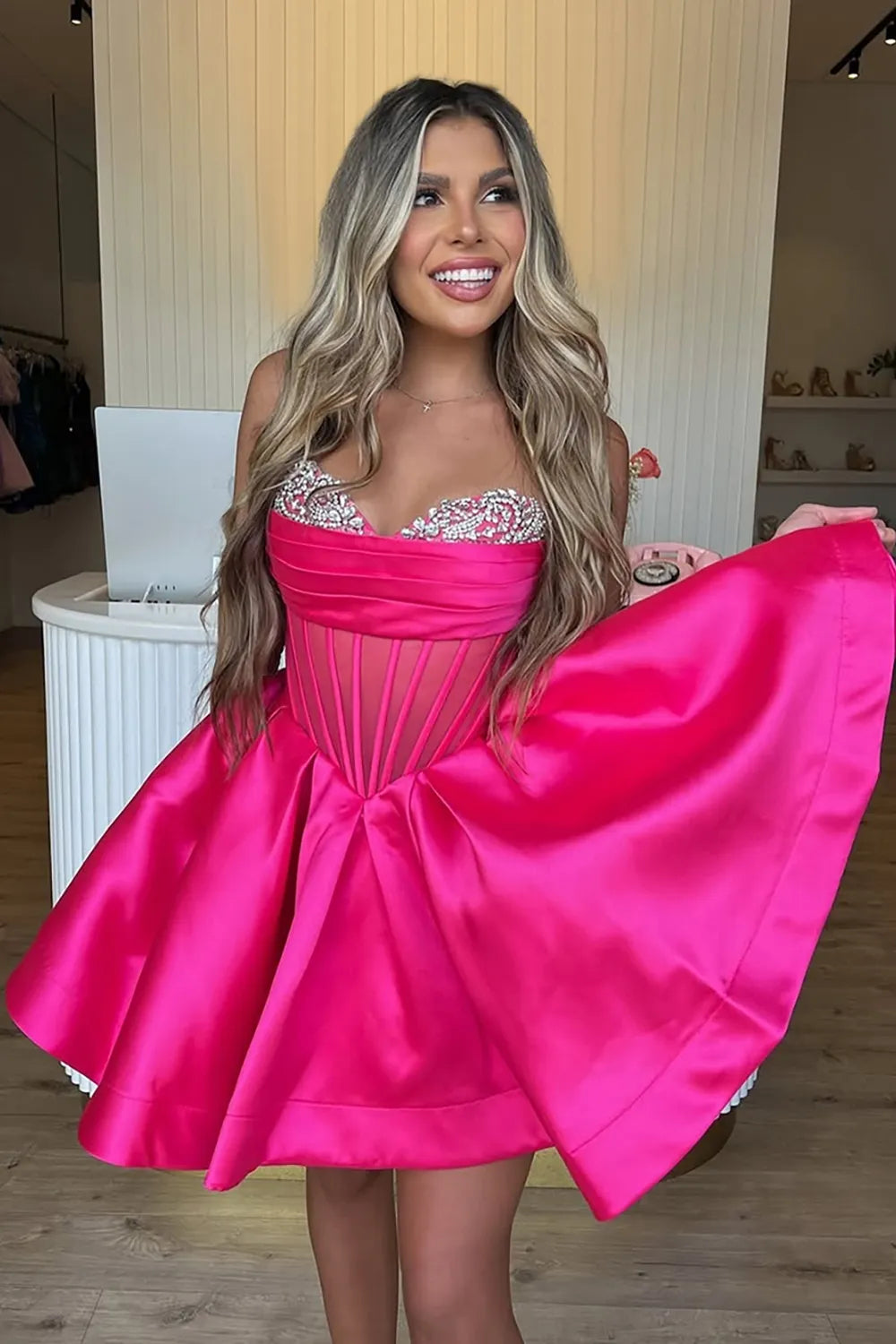 Lovely A Line Sweetheart Corset Fuchsia Homecoming Dress With Beaded