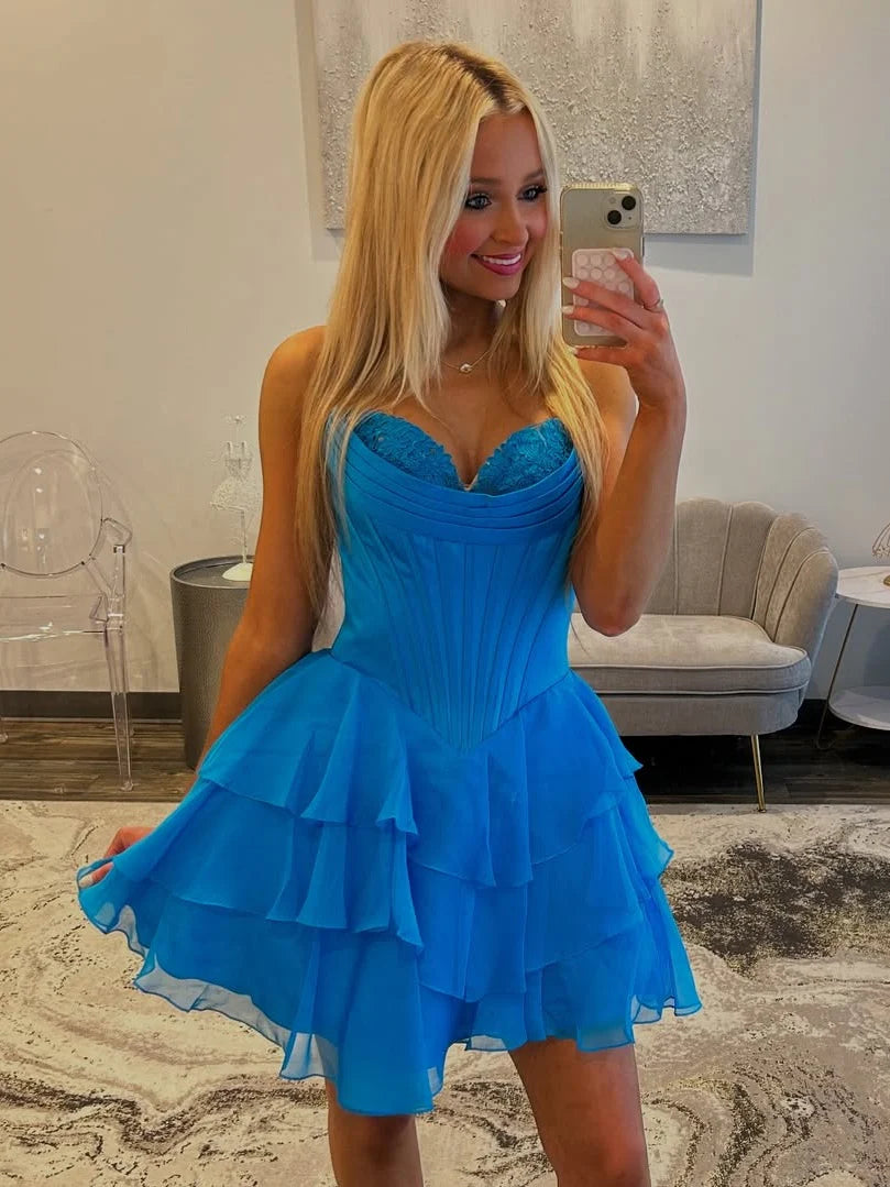 Lovely A Line Sweetheart Ruffles Appliques Corset Pink Homecoming Dress