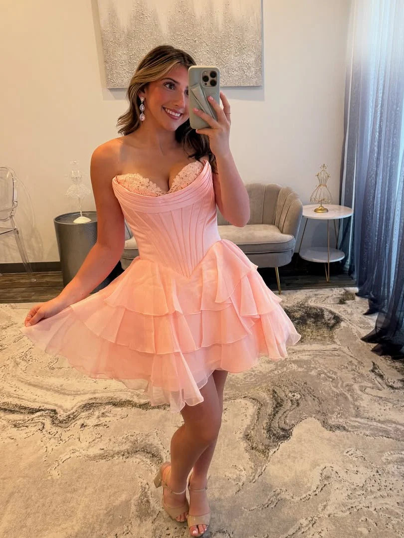 Lovely A Line Sweetheart Ruffles Appliques Corset Pink Homecoming Dress