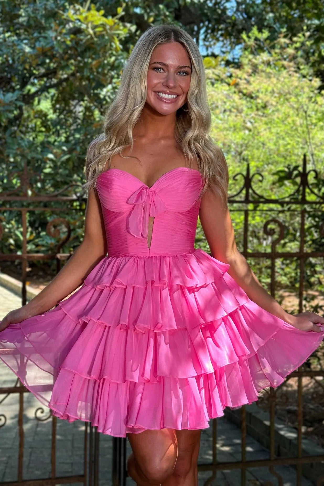 Lovely A Line Sweetheart Ruffles Tiered Hot Pink Short Homecoming Dress