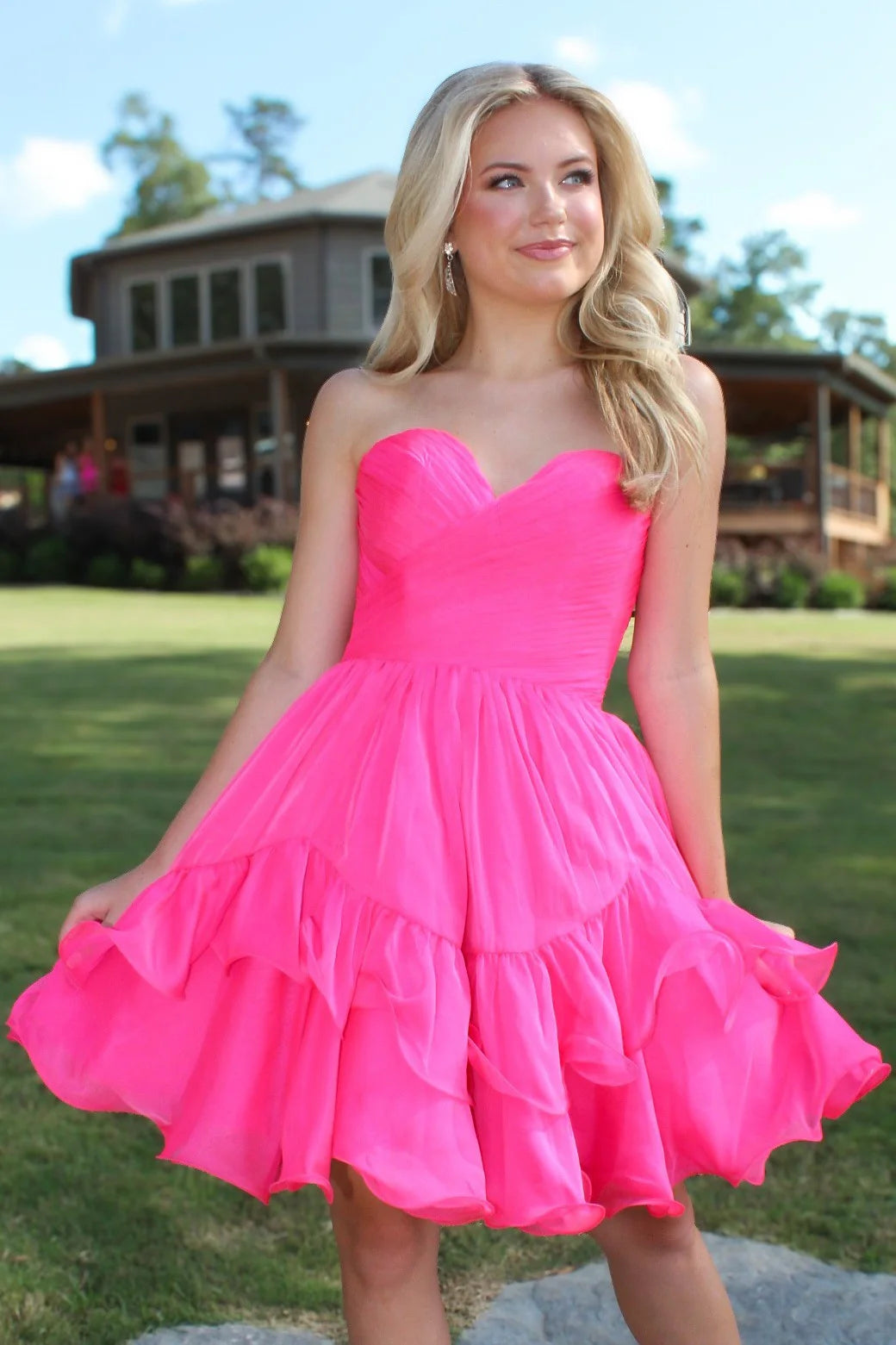 Lovely A Line Sweetheart Tiered Ruffles Hot Pink Short Homecoming Dress
