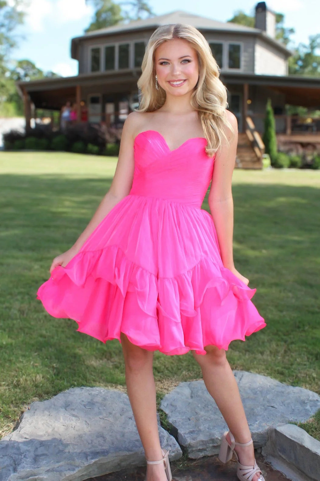 Lovely A Line Sweetheart Tiered Ruffles Hot Pink Short Homecoming Dress