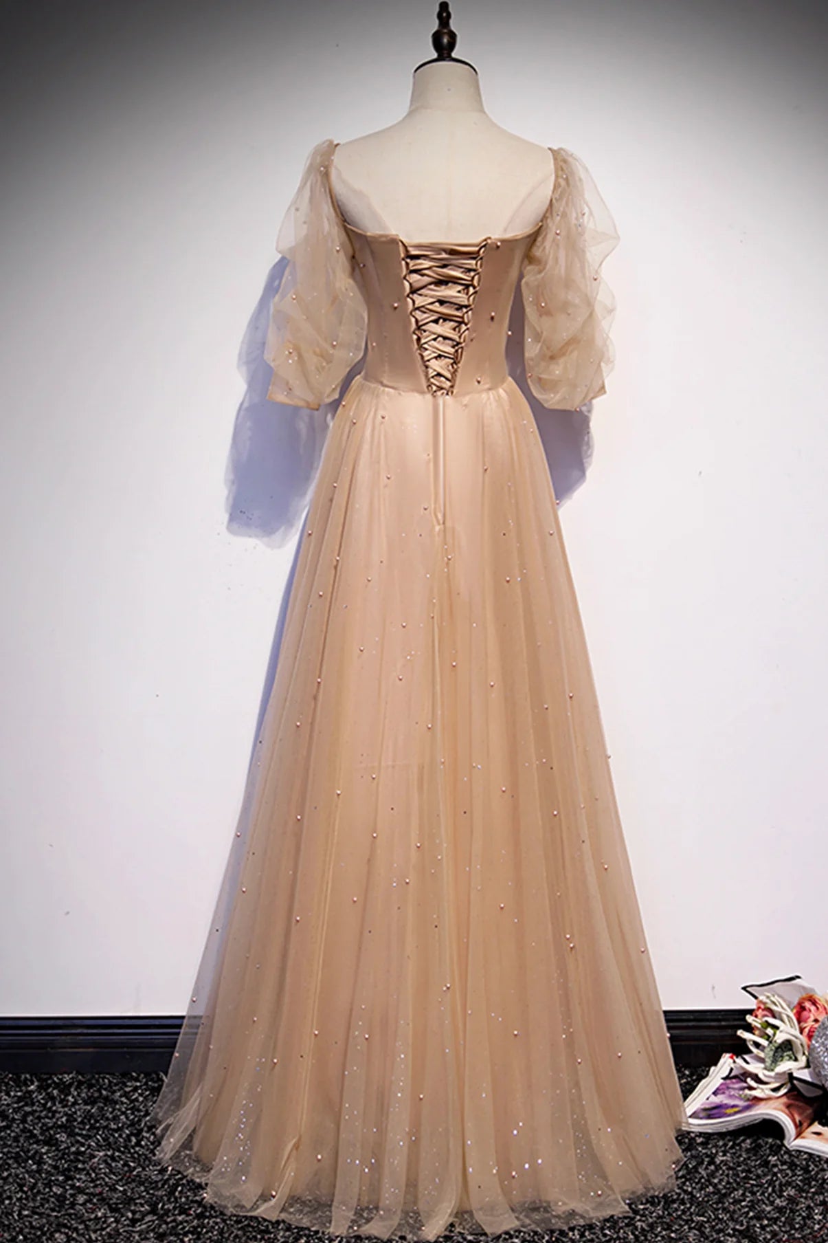 Lovely A Line V Neck Beaded Tulle Long Prom Dress Evening Dress
