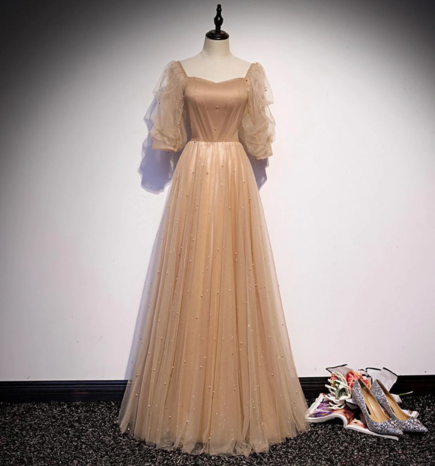 Lovely A Line V Neck Beaded Tulle Long Prom Dress Evening Dress