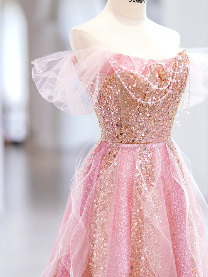Lovely A line Off The Shoulder Beaded Sequin Pink Long Evening Dress Prom Dress