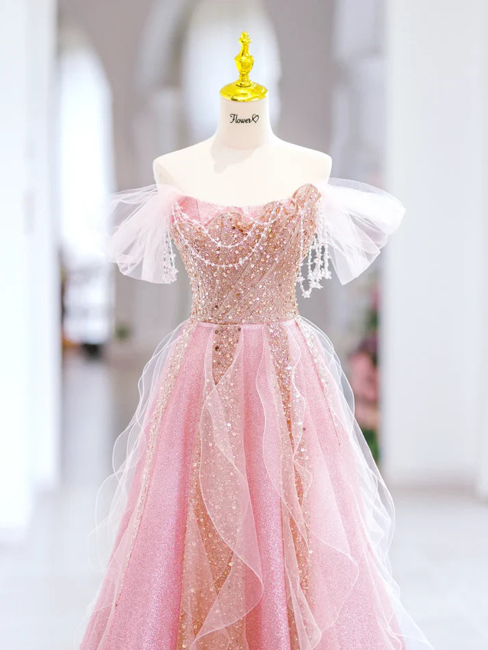 Lovely A line Off The Shoulder Beaded Sequin Pink Long Evening Dress Prom Dress
