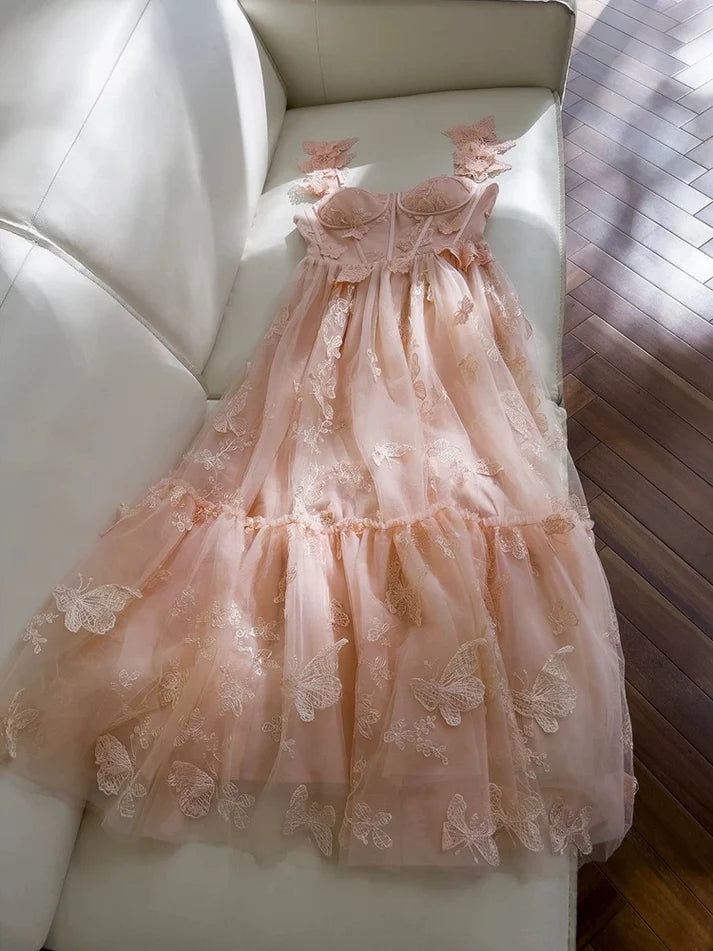 Lovely A line Sweetheart Applique Lace Pink Evening Dress Prom Dress
