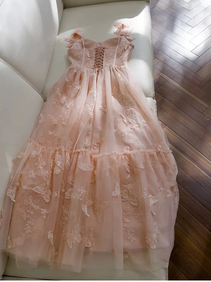Lovely A line Sweetheart Applique Lace Pink Evening Dress Prom Dress