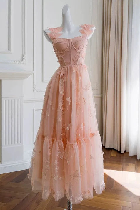 Lovely A line Sweetheart Applique Lace Pink Evening Dress Prom Dress