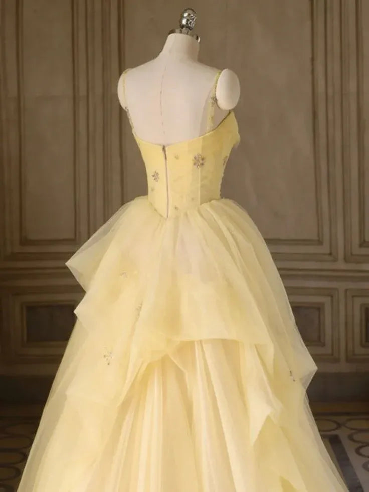 Lovely Ball Gown Spaghetti Strap 3D Flower Yulle Yellow Long Prom Dress