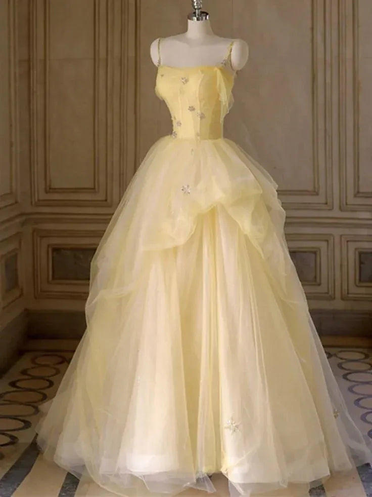 Lovely Ball Gown Spaghetti Strap 3D Flower Yulle Yellow Long Prom Dress